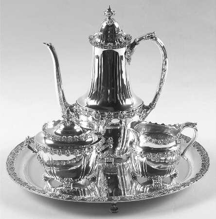 English King (9579, Sterling, Hollowware) 4 Piece Mini Coffee Set (SCPM, SCRM, SSUOM, STRDEM)