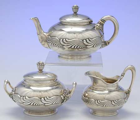 Wave Edge (Sterling, 1884, Waves, Hollowware) 3 Piece Tea Set (STP, SCR, SSU)