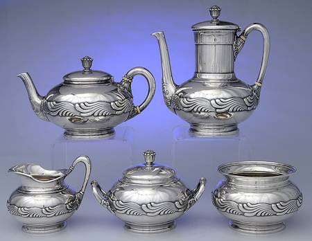 Wave Edge (Sterling, 1884, Waves, Hollowware) 5 Piece Tea Set (SCP1, STP1, SCR1, SSU1, SWB1)