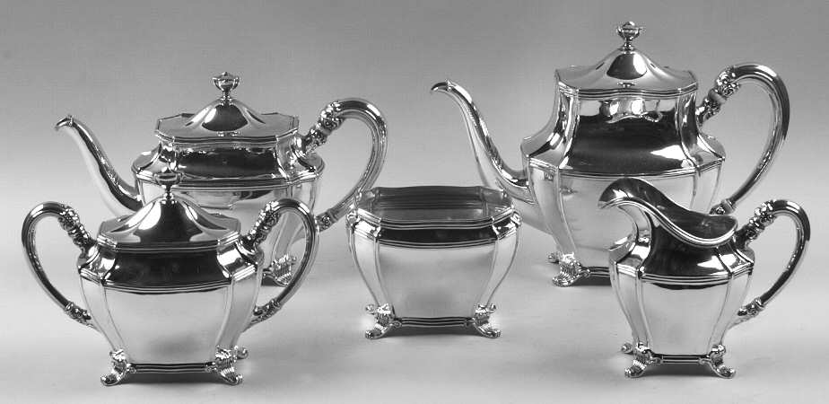 7653 (Sterling, Hollowware) 5 Piece Tea Set (SCP, STP, SCR, SSU, SWB)