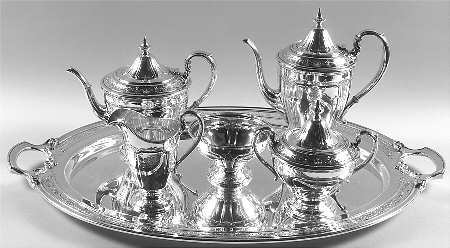 Seville (Sterling, 1926, Hollowware) 6 Piece Tea Set (SCP, STP, SCR, SSU, SWB, WTL)