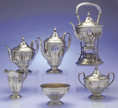 Seville (Sterling, 1926, Hollowware) 6 Piece Tea Set (SCP, STP, SCR, SSU, SWB, SKES)