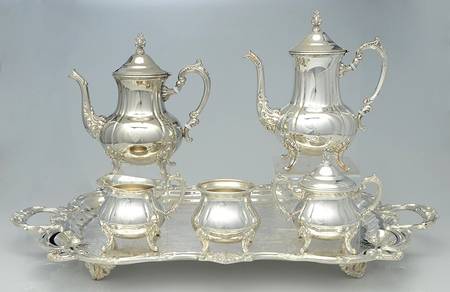 TWS305 (SILVERPLATE, HOLLOWWARE) 6-Piece Plated Tea Set (Waste & Tray)
