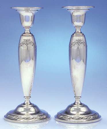 Candlelight-Chased (Sterling, Hollowware) Pair of 10" Weighted Candlesticks