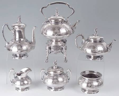 Antique Ivy (Sterling, Hollowware) 6 Piece Tea Set (SCP, STP, SCR, SSU, SWB, SKES)
