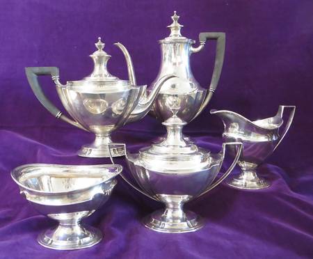 13889 (Sterling, Hollowware) 5 Piece Tea Set (SCP, STP, SCR, SSU, SWB)