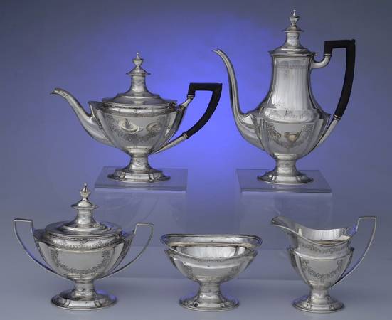 13889 Engraved (Sterling, Hollowware) 5 Piece Tea Set (SCP, STP, SCR, SSU, SWB)