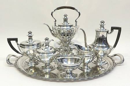 13889E1 (Sterling, Hollowware) 7 Piece Tea Set (SCP, STP, SCR, SSU, SWB, SKES, WT27CS)