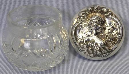 He Loves Me (Sterling, Hollowware) Powder Jar, Crystal Bowl and Sterling Lid