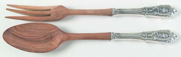 Rose Point (Sterling, 1934, No Monograms) Wooden Bowl 2-Piece Salad Set
