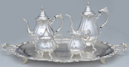 Baroque (Silverplate, Hollowware, Older) 5-Pc Silverplate Tea Set with Footed Tray