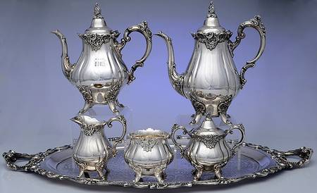 Baroque (Silverplate, Hollowware, Older) 6-Piece Plated Tea Set (Waste & Tray)