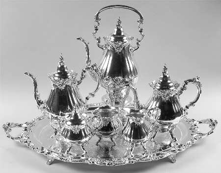 Baroque (Silverplate, Hollowware, Older) 7-Piece Plated Tea Set (w/ Waste, Kttle & Try)