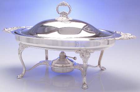 Baroque (Silverplate, Hollowware, Older) Oval Chafing Dish W/Lid,Burner,Stand,Liner