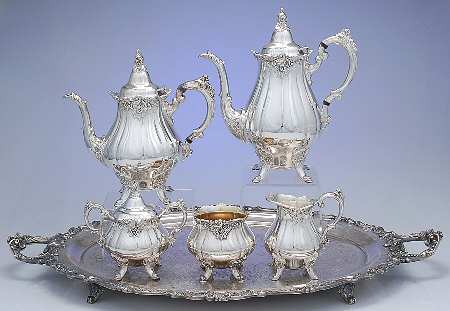 Baroque (Silverplate, Hollowware, Older) 6-Piece Plated Tea Set (Waste & Footed Tray)