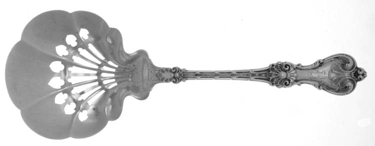 King Edward (Sterling, 1901, Monograms) Large Pierced Pea Serving Spoon