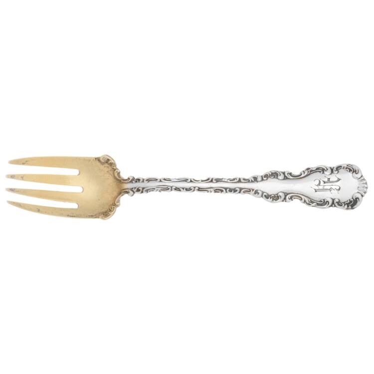 Louis XV (Sterling, 1891, Monograms) Large Ramekin Fork by Whiting Manf Co