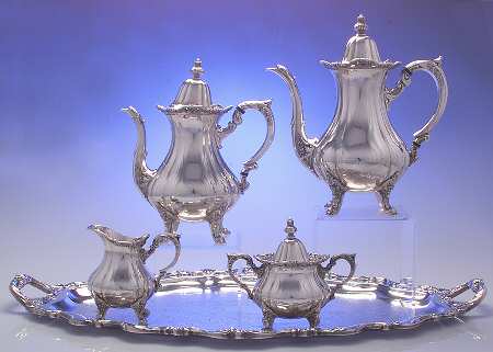 Rose Point (1200, Silverplate, Hollowware) 5-Piece Silverplate Tea Set (with Tray)