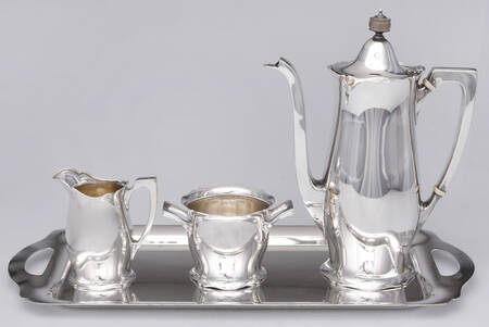 Antique (Sterling, Hollowware) 4 Piece Mini Coffee Set with Monogram Tray (SCPM,SCRM,SSUOM,STRDE1)