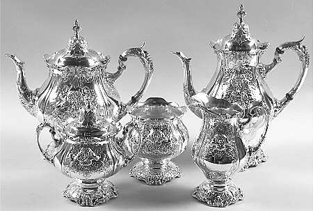 Sir Christopher (Sterling, Hollowware, "Wallace925") 5 Piece Tea Set (with Waste) Plus Case