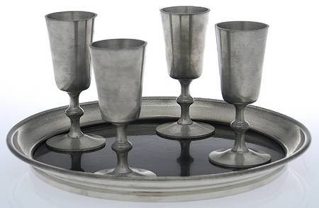 WOP5 (Pewter, Hollowware) Cordial - Set of 4 with Round Lucite Tray