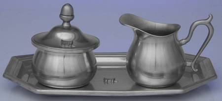 Pioneer (Pewter, Hollowware) Creamer, Sugar & Lid with Tray Set