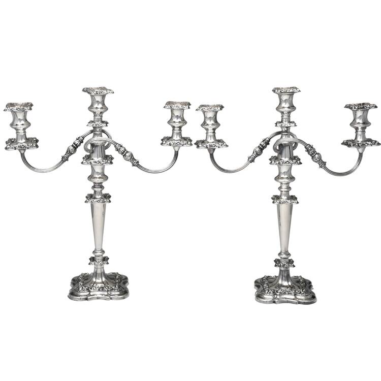 ELB16 (Silverplate, Hollowware) Pair of 3 Light Weighted Candelabra with Bobech