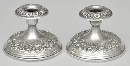 Repousse-Full Chased-Hand Chased Pair of Weighted Candleholders