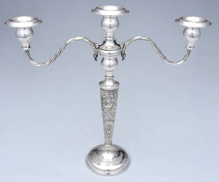 Stieff Rose (Sterling, 1892, Hollowware) 3 Light Weighted Candelabra with Bobech