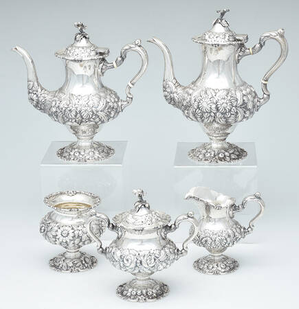 Stieff Rose (Sterling, 1892, Hollowware) 5 Piece Tea Set (SCP, STP, SCR, SSU, SWB)