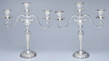 Old Master-Embossed(Silverplate, Roses-Scrolls) Pair of Weighted 3 Light Candelabra