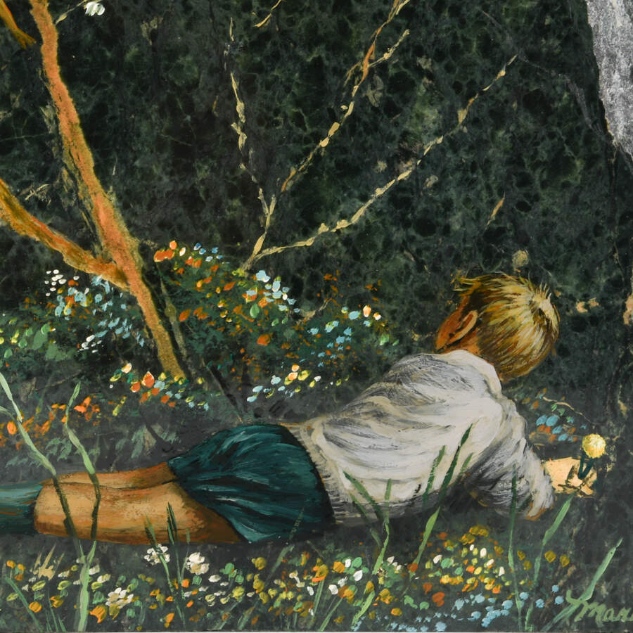 Signed Boy in Spring Painted on a Stone-6