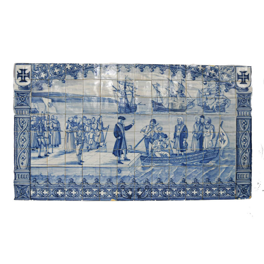 Antique Blue & White Plaque Featuring the Nina, Pinta, & Santa Maria Ships-1