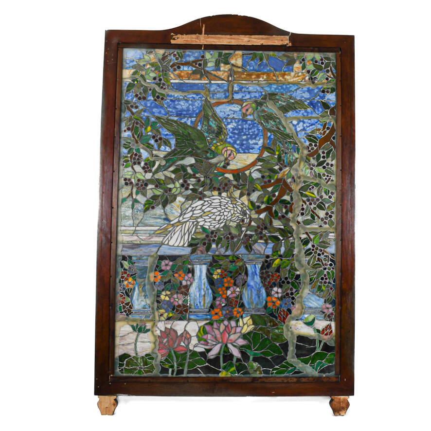 20th Century Mural Stained-Glass Panel with Hand-Carved Mahogany-7