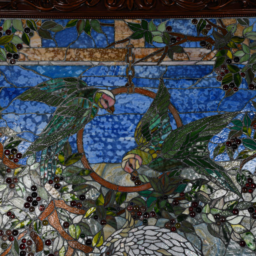 20th Century Mural Stained-Glass Panel with Hand-Carved Mahogany-4