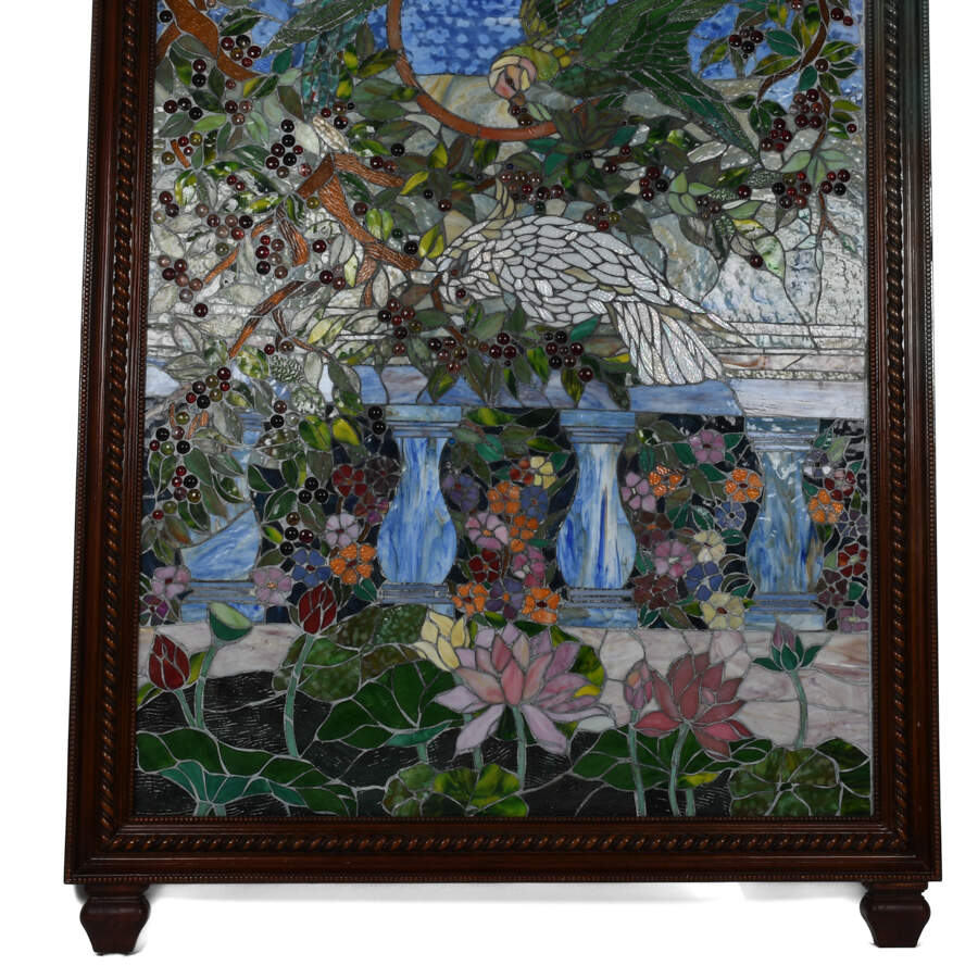 20th Century Mural Stained-Glass Panel with Hand-Carved Mahogany-3