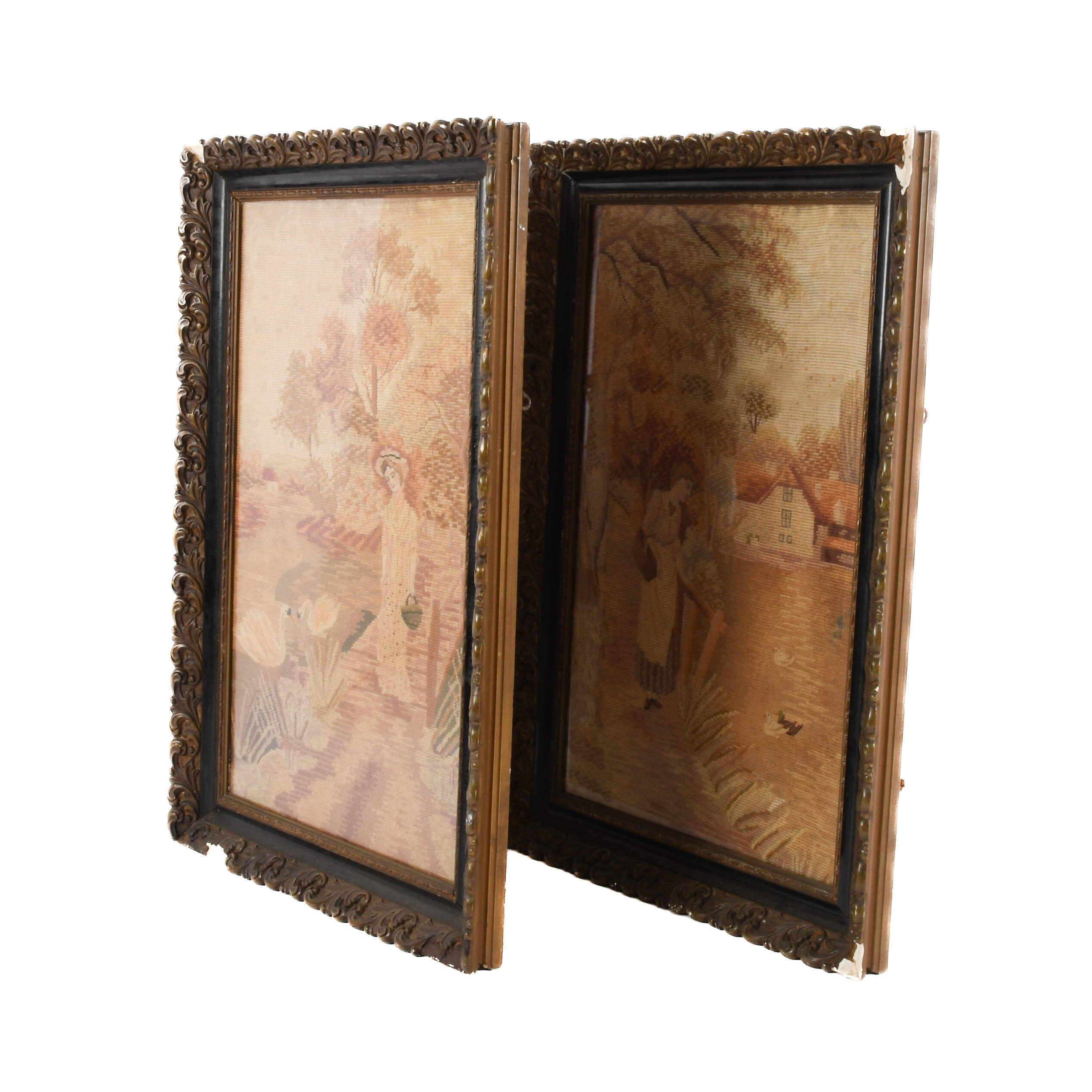 Antique Framed Woven Pair of Country Scenes-6
