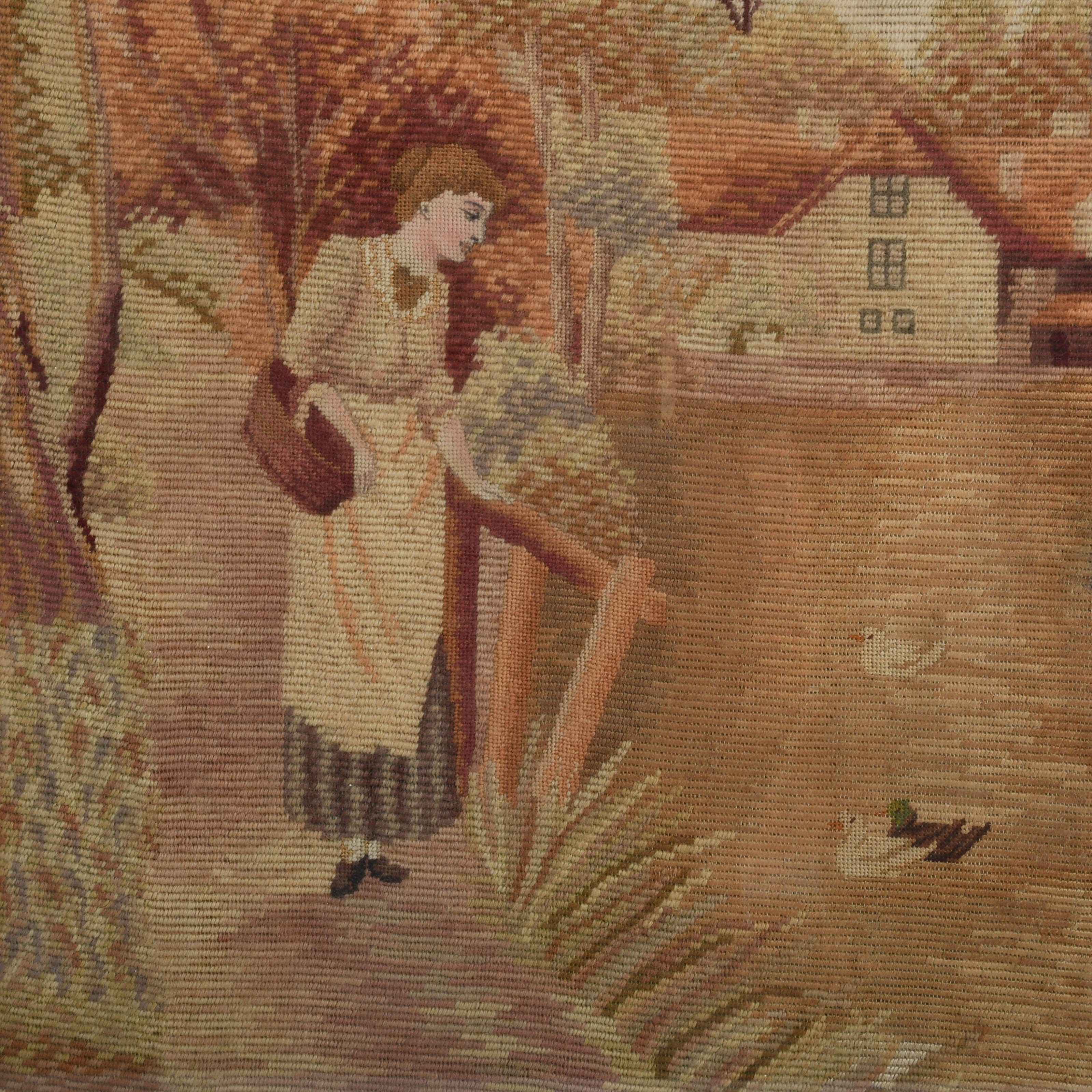 Antique Framed Woven Pair of Country Scenes-3