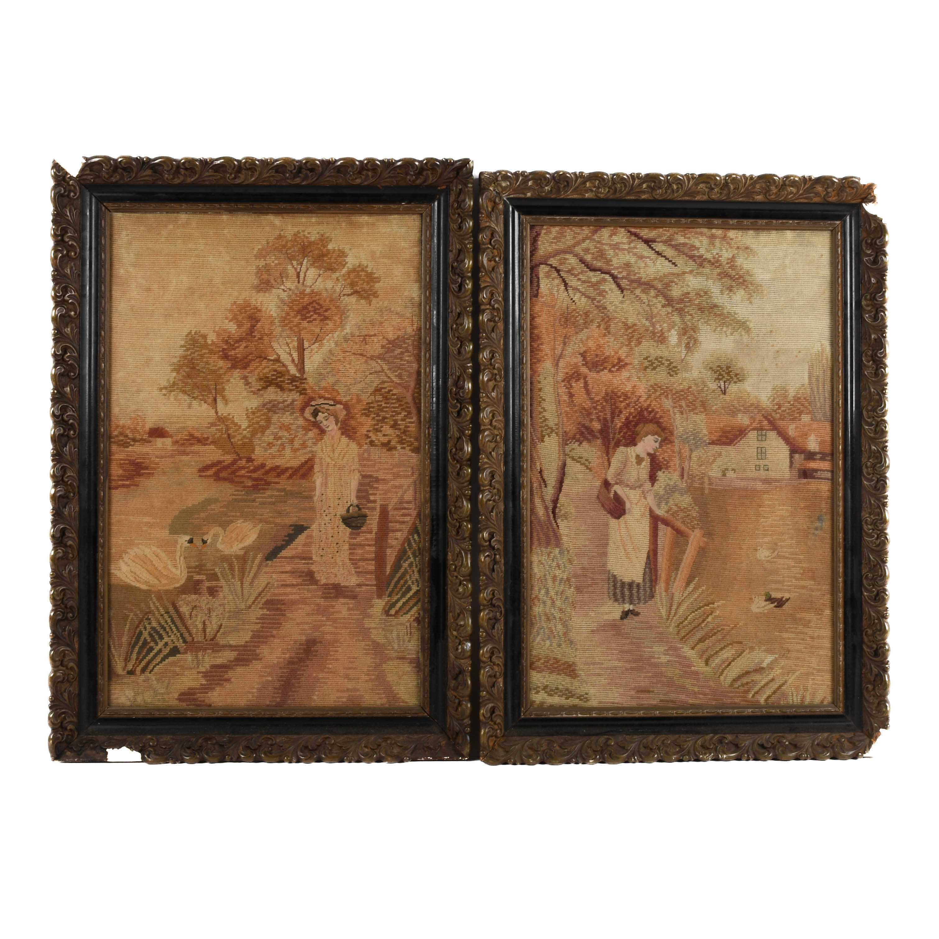 Antique Framed Woven Pair of Country Scenes-1