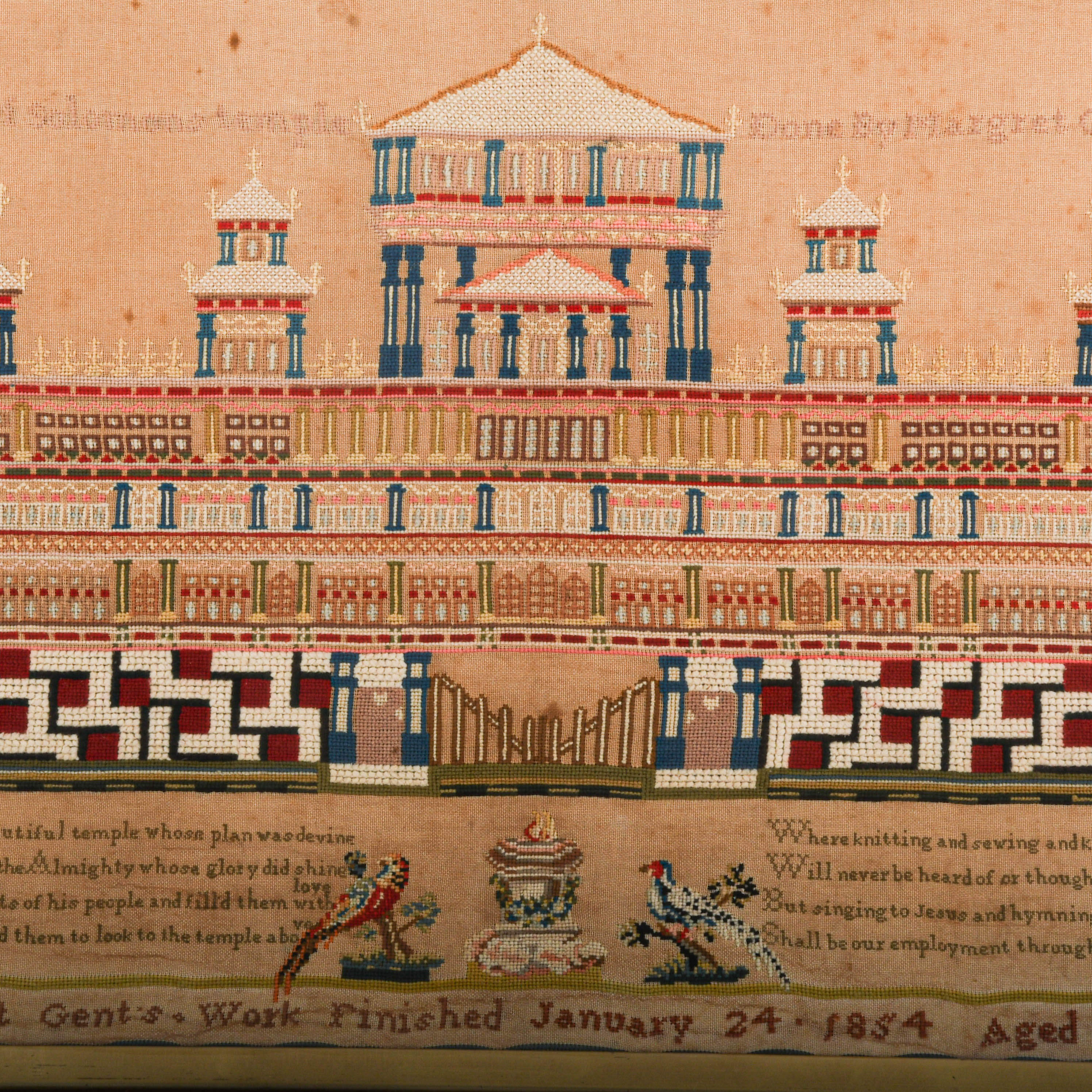 Antique Framed "Solomon's Temple" 1854 Needlework Sampler-2