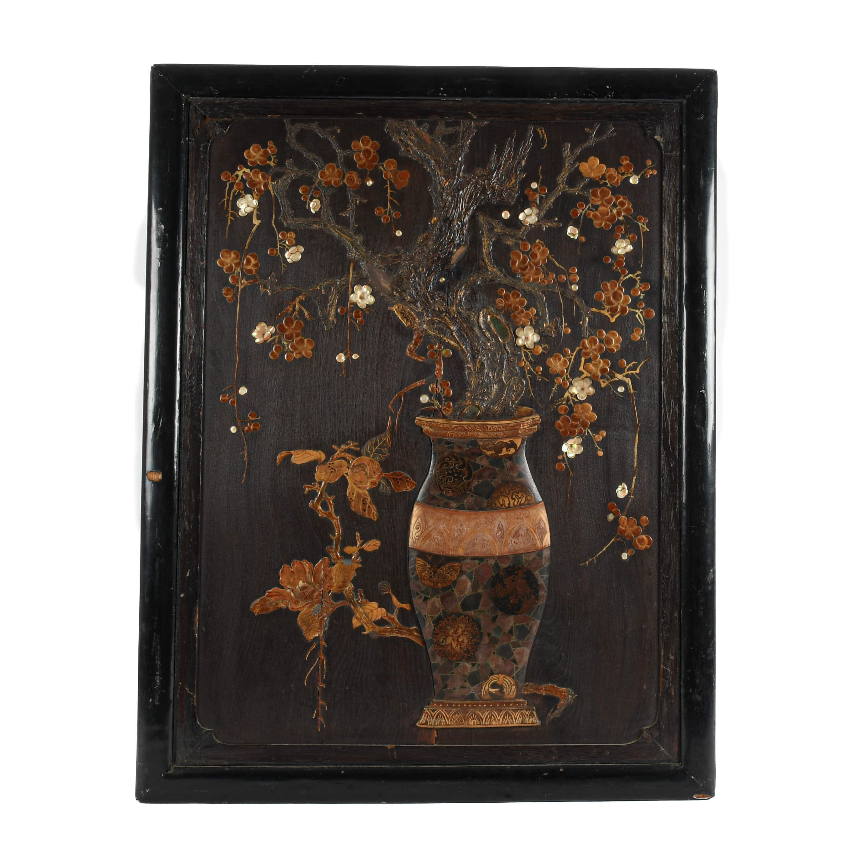Framed Antique Chinese Mixed Media Wood Art-1
