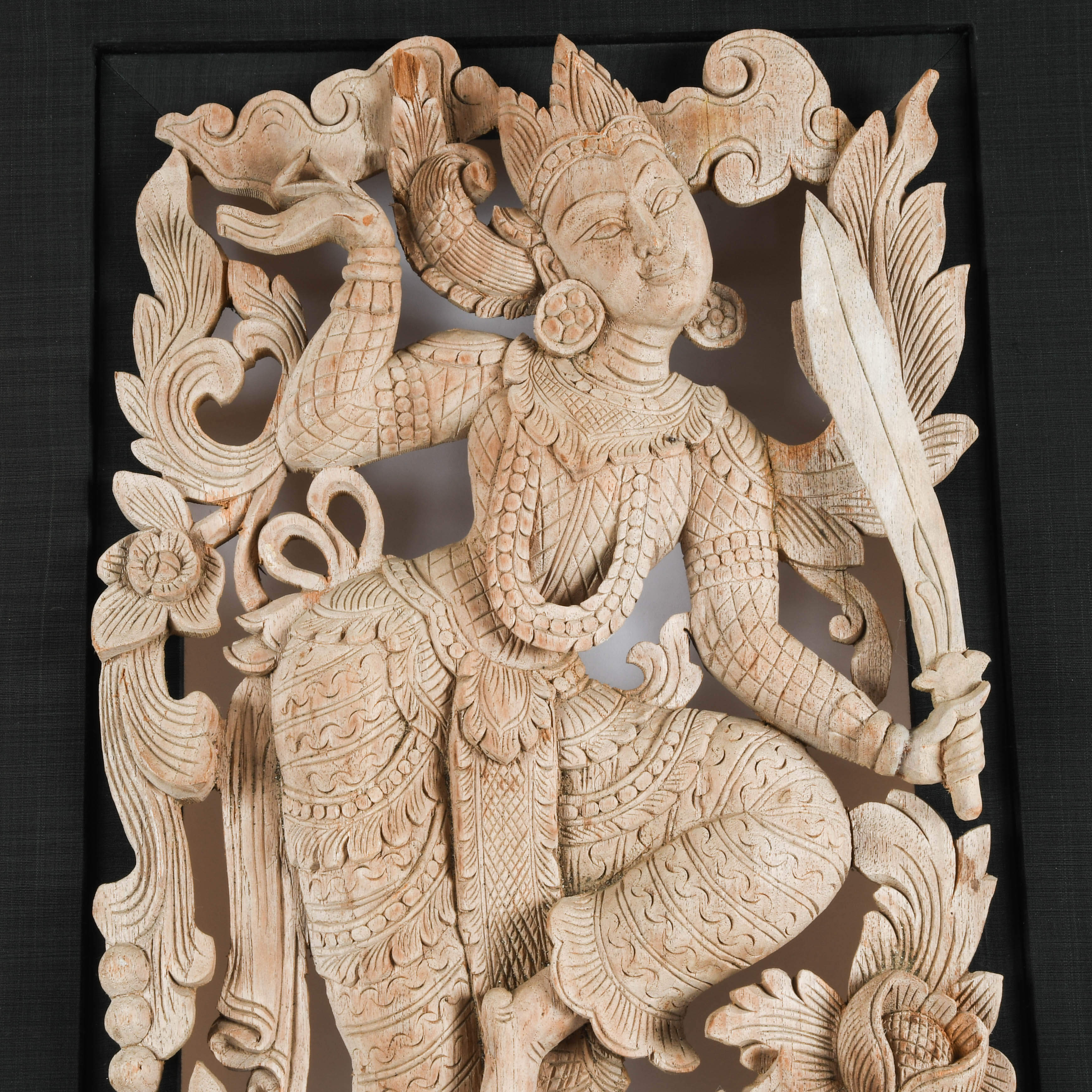 Framed Carved Wood Relief Panel of a Man and a Kinnari-4