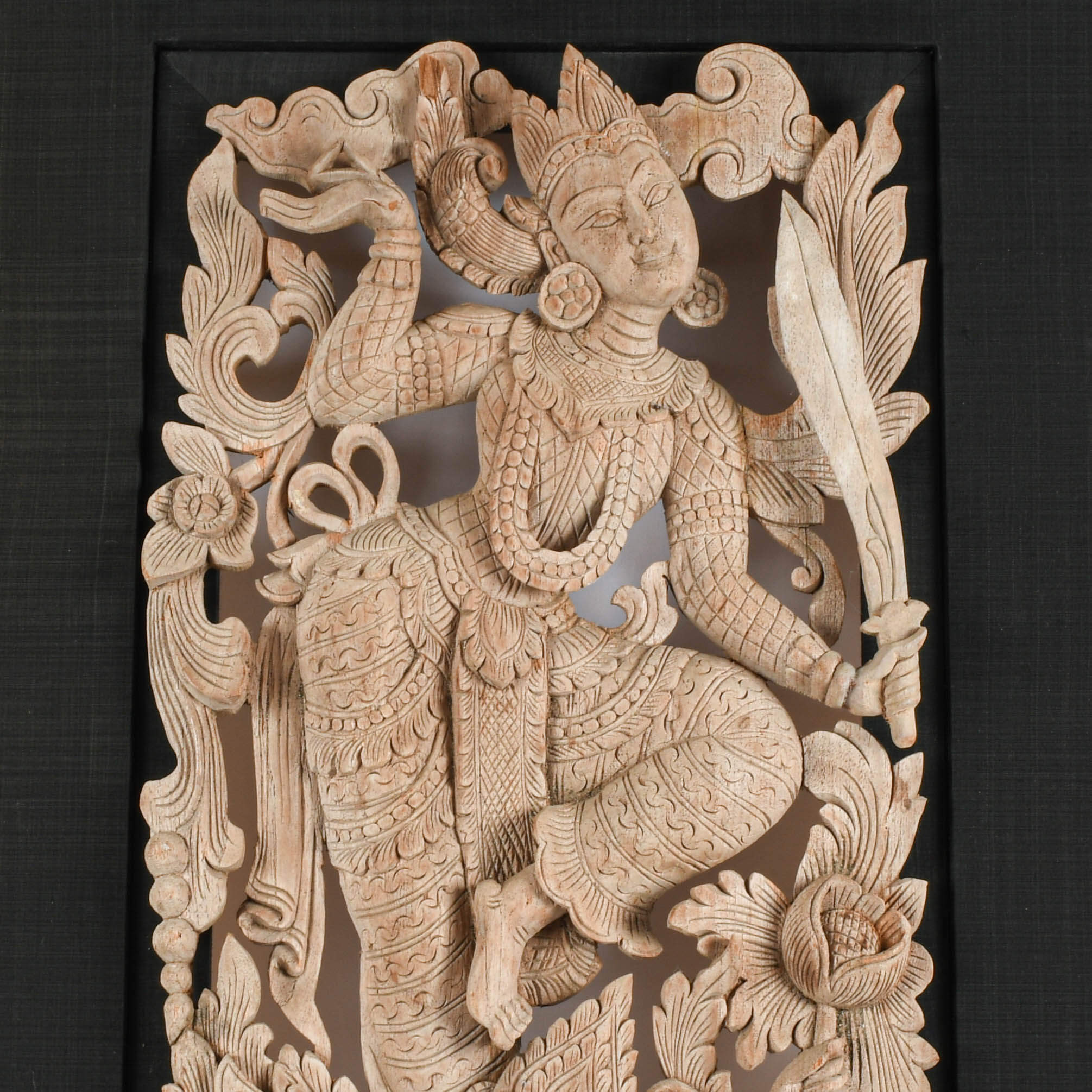 Framed Carved Wood Relief Panel of a Man and a Kinnari-2