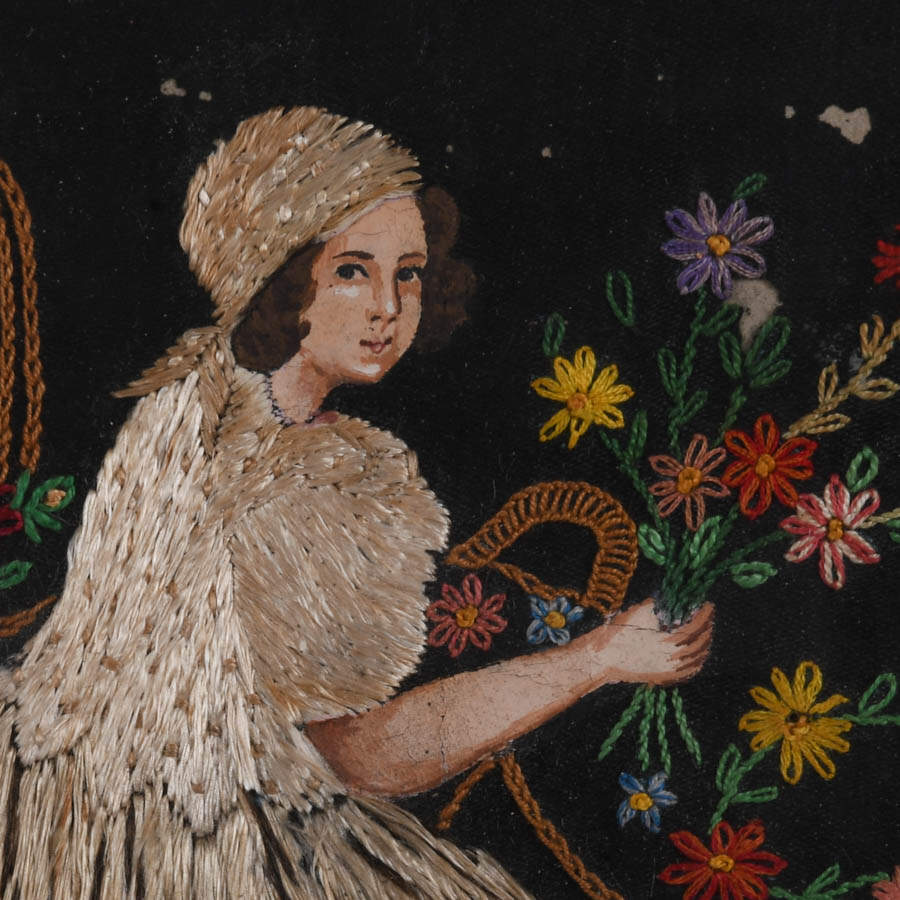 Framed Crewel Work and Inlaid Straw Artwork of a Little Girl-3