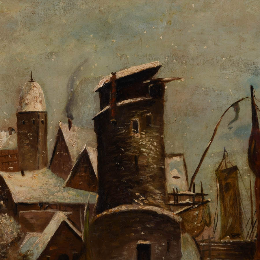 Antique Framed Signed Oil on Canvas Snowy Port-4
