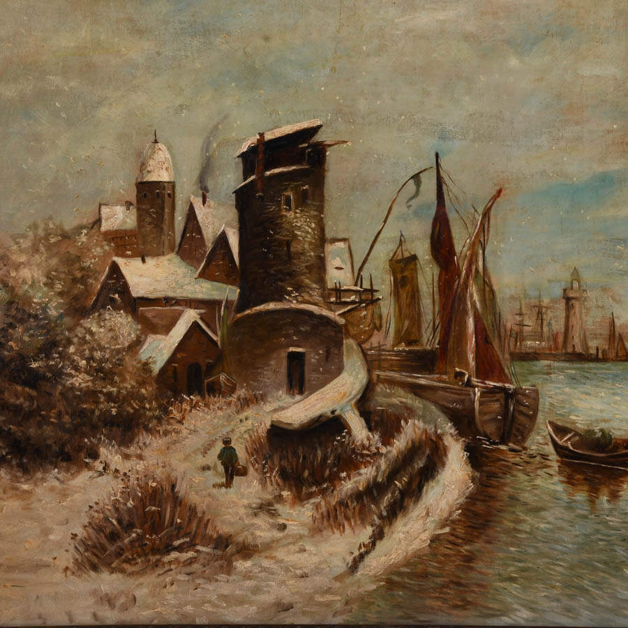 Antique Framed Signed Oil on Canvas Snowy Port-2