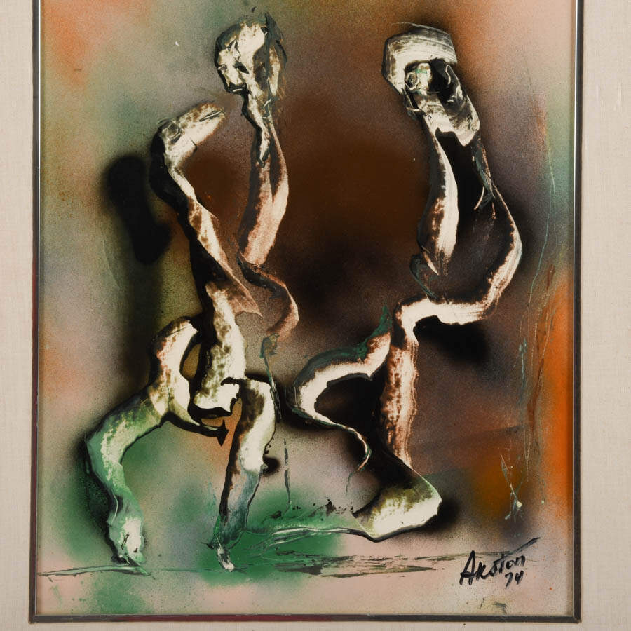 Framed J. Akston "Strange Gymnastics II, 1974" Enamel on Paper-2