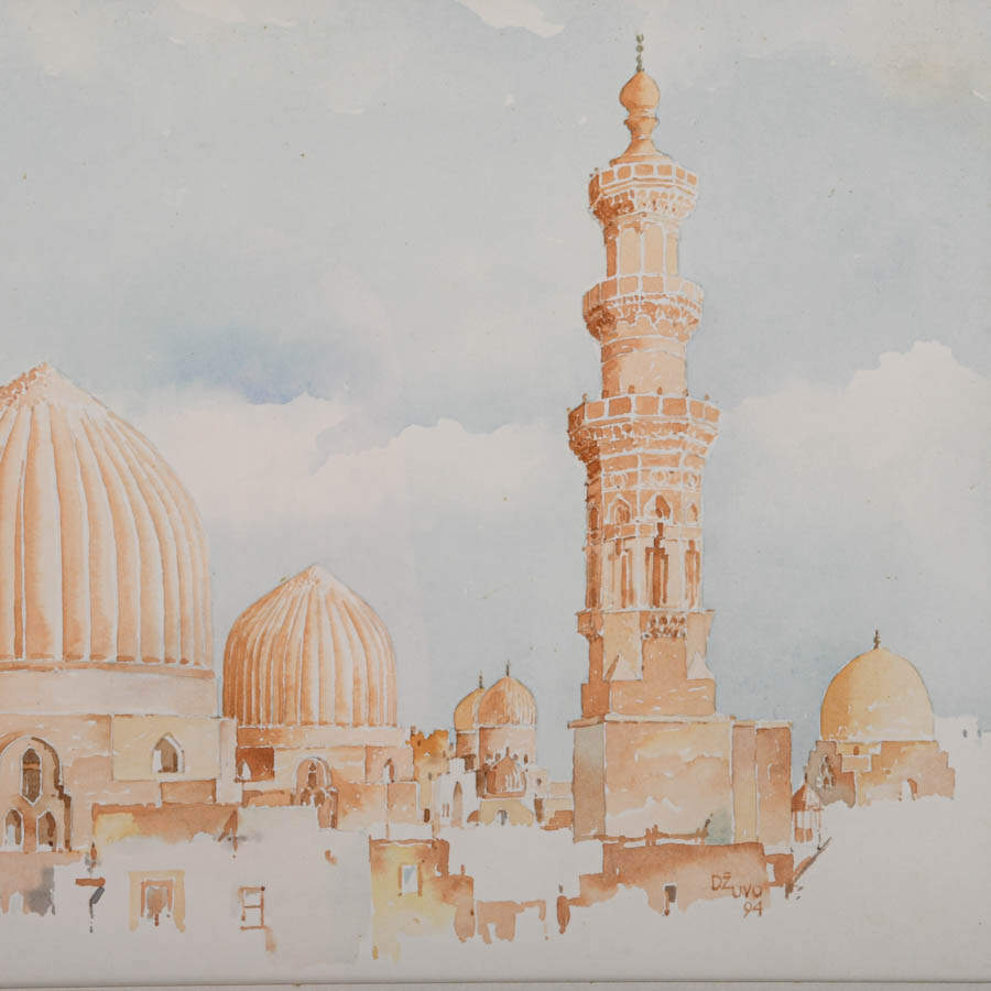 Framed Ahmed Dzuvic Sunlit Domes, Soft Skies Architectural Watercolor-2