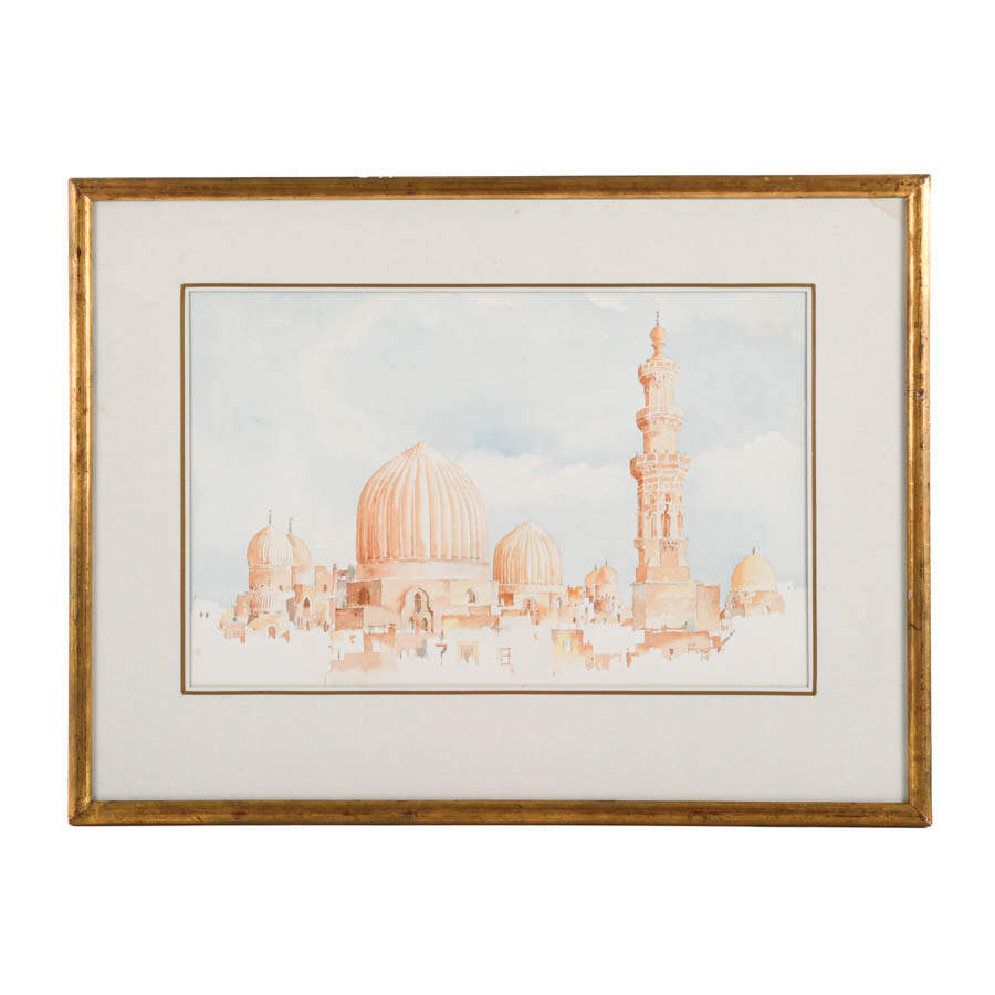 Framed Ahmed Dzuvic Sunlit Domes, Soft Skies Architectural Watercolor-1