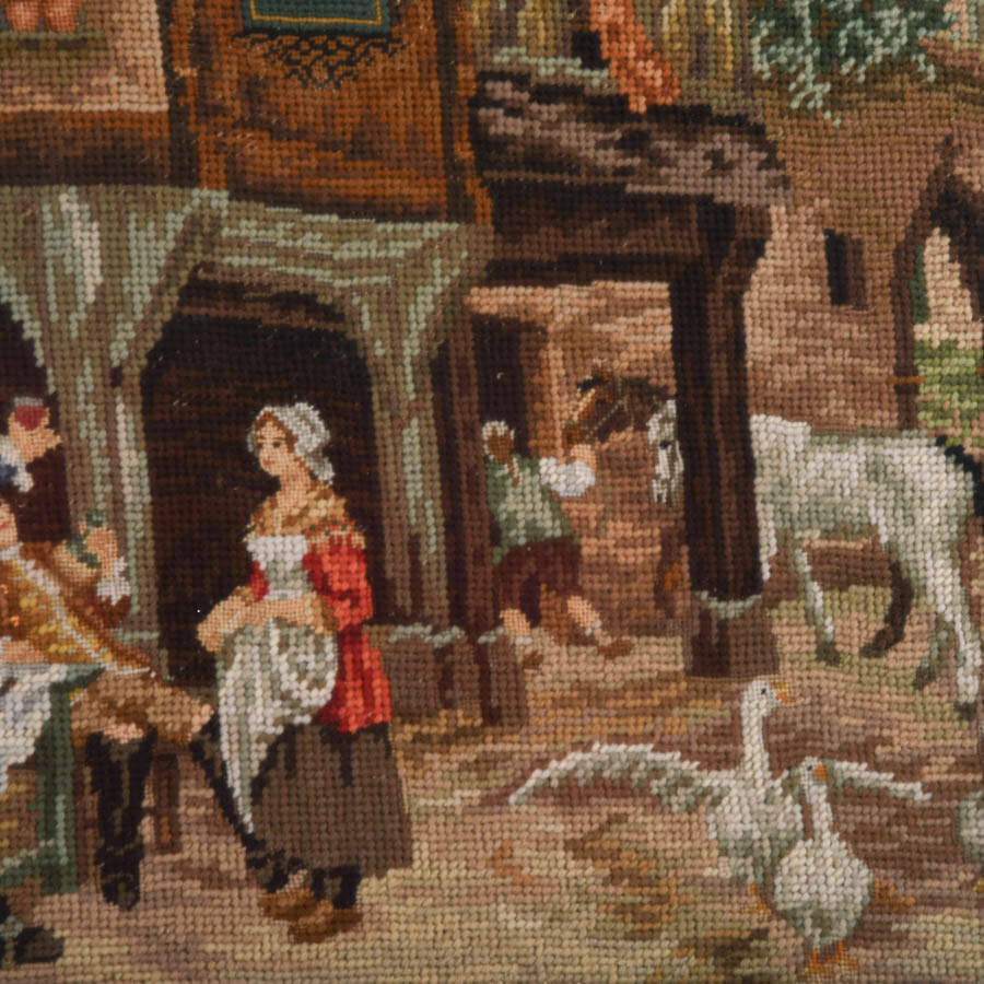 Framed "Village Life, Stitched in Time" Needlepoint Artwork-4